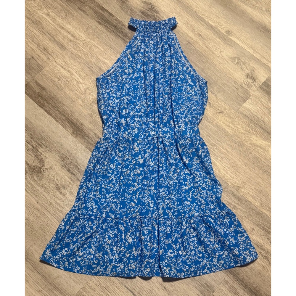 Blue Floral Halter Dress Sleeveless Ruffle Hem Summer‎ Casual Sundress S/M